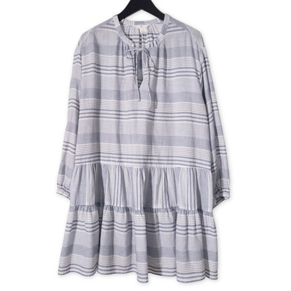 H&M L.O.G.G. Midi Dress Womens Large Boho White Blue Striped Swim Cover Tunic